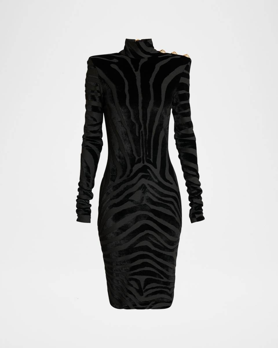 Zebra Velvet Strong-Shoulder Long-Sleeve Dress